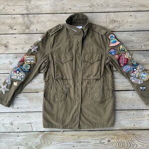 MANGO Army Utility Jacket Olive Green Patch Military Cargo Embroidered S M